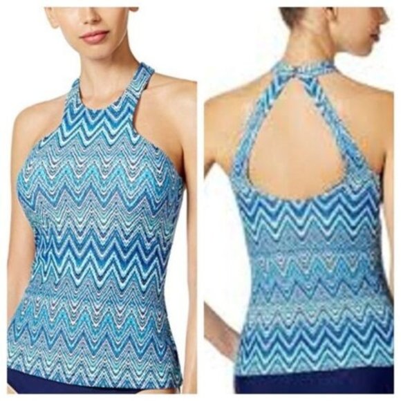 Island Escape St. Martin High-Neck Zig‎ Zag Tankini Blue Size 16 NWT - Picture 1 of 3
